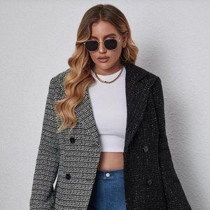 Plus Color Block Double Breasted Lapel Collar Tweed Overcoat
